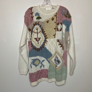 VINTAGE Needles & Yarn Sweater Mauve & Cream Long Rectangular 80’s Large